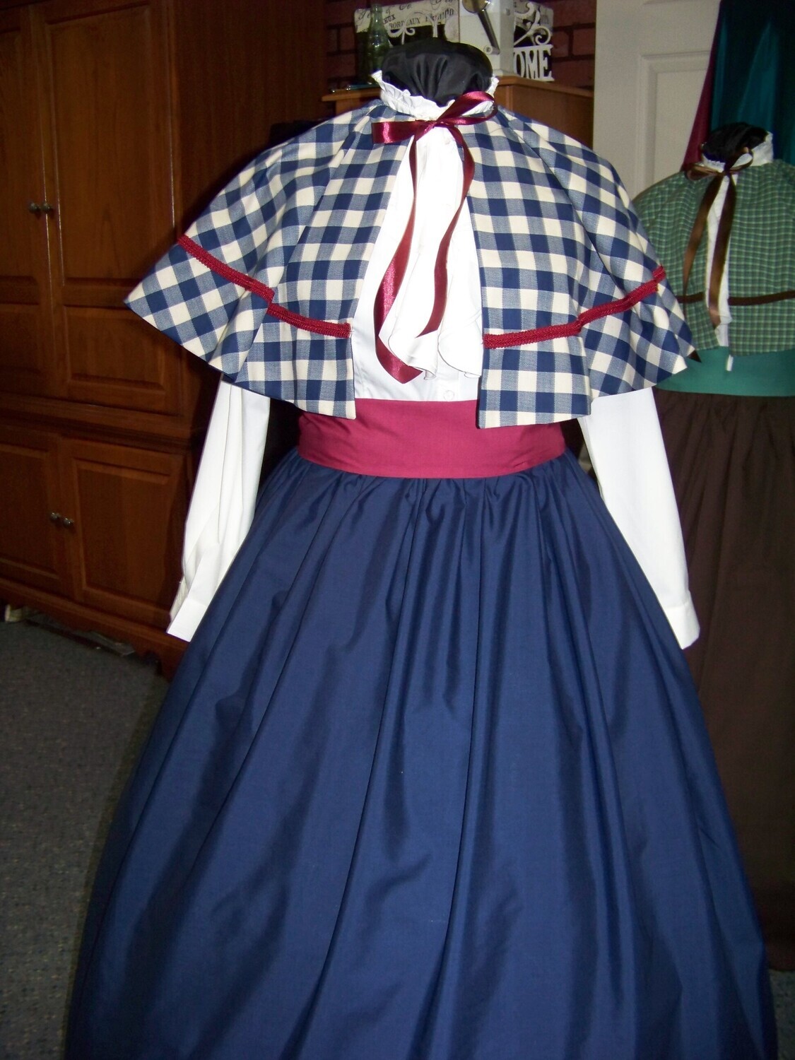 Dickens Civil War Ladies Navy-Blue Long Skirt and burgundy Sash with Navy-blue and beige 1&quot; checked Cape one size fits most. Handmade USA