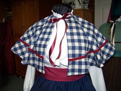 Dickens Civil War Ladies Navy-Blue Long Skirt and burgundy Sash with Navy-blue and beige 1" checked Cape one size fits most. Handmade USA