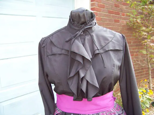 Civil War style ladies blouse Black cotton blend with ruffles in the front and around the neck