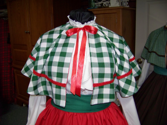 Mrs. Claus Plus Size costume, Ladies Caroler Dickens Dress Dickens, Long red Skirt, green Sash and green and white 1&quot; checked gingham Cape with red braid and ribbon trim one size