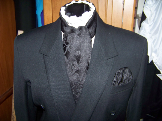 Men&#39;s Ascot or Carvet Necktie black Damask brocade print 4&quot; x 51&quot; Wedding, Civil War Reenacting cravat tie with matching pocket square puff