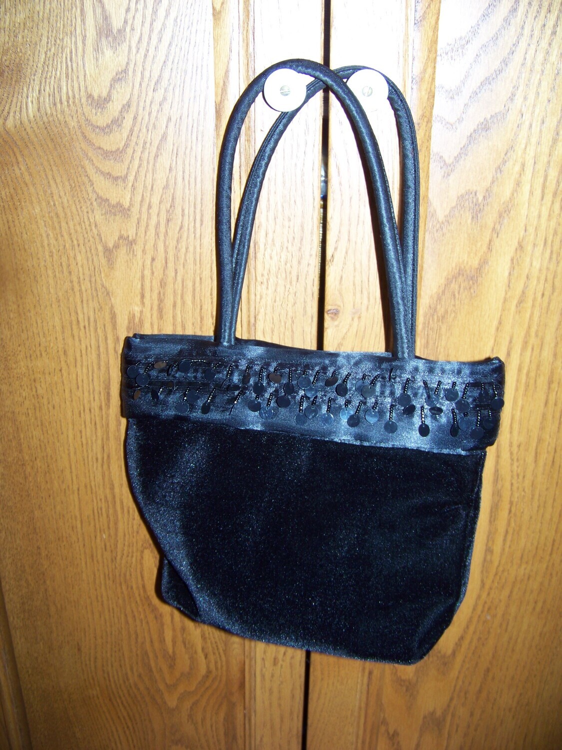 Vintage Black Velvet and satin beaded purse great small purse with 2 satin straps snap clasp opening on SALE with Free Shipping