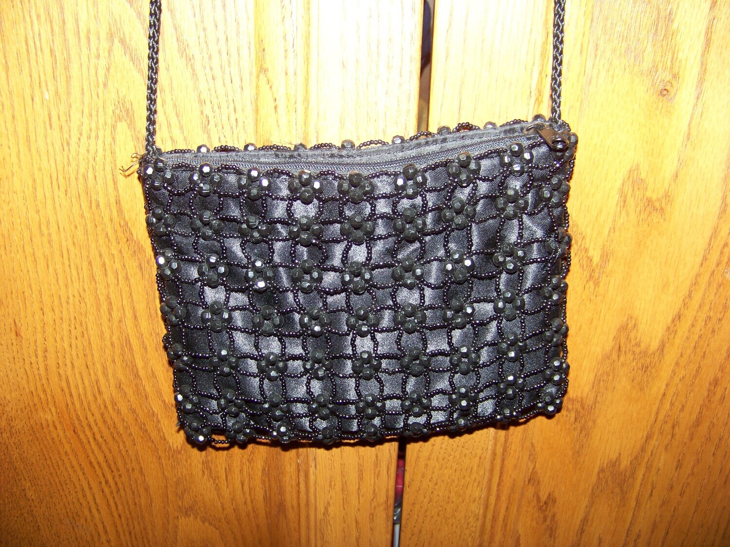 Vintage Black satin beaded purse great small purse with 1 long braided strap zip opening on SALE with Free Shipping