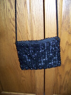 Vintage Black satin beaded purse great small purse with 1 long braided strap zip opening on SALE with Free Shipping