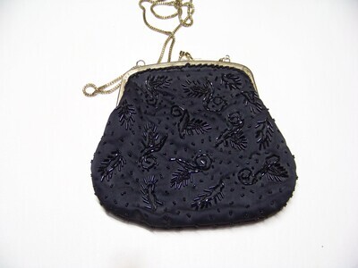 Vintage Beaded Black Purse small clutch with gold clasp and long gold chain handle SALE with Free Shipping