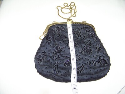 Vintage Beaded Black Purse small clutch with gold clasp and long gold chain handle SALE with Free Shipping