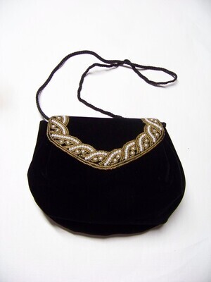 Vintage Black velvet gold beaded with pearls purse great small purse with 1 long braided strap closer on SALE with Free Shipping