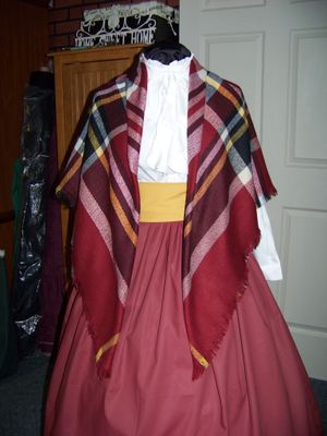 Dickens Costume Rust Skirt with Gold Sash and 52" Plaid Square Shawl one size fits most.