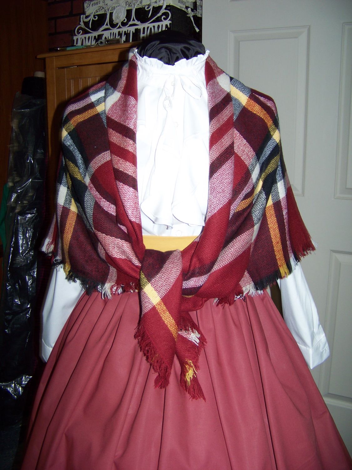 Dickens Costume Rust Skirt with Gold Sash and 52&quot; Plaid Square Shawl one size fits most.
