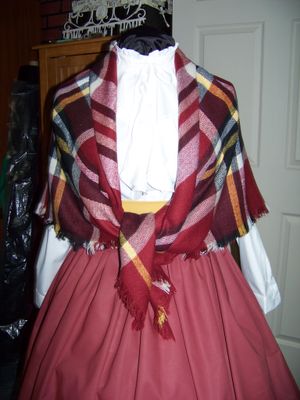 Dickens Costume Rust Skirt with Gold Sash and 52&quot; Plaid Square Shawl one size fits most.