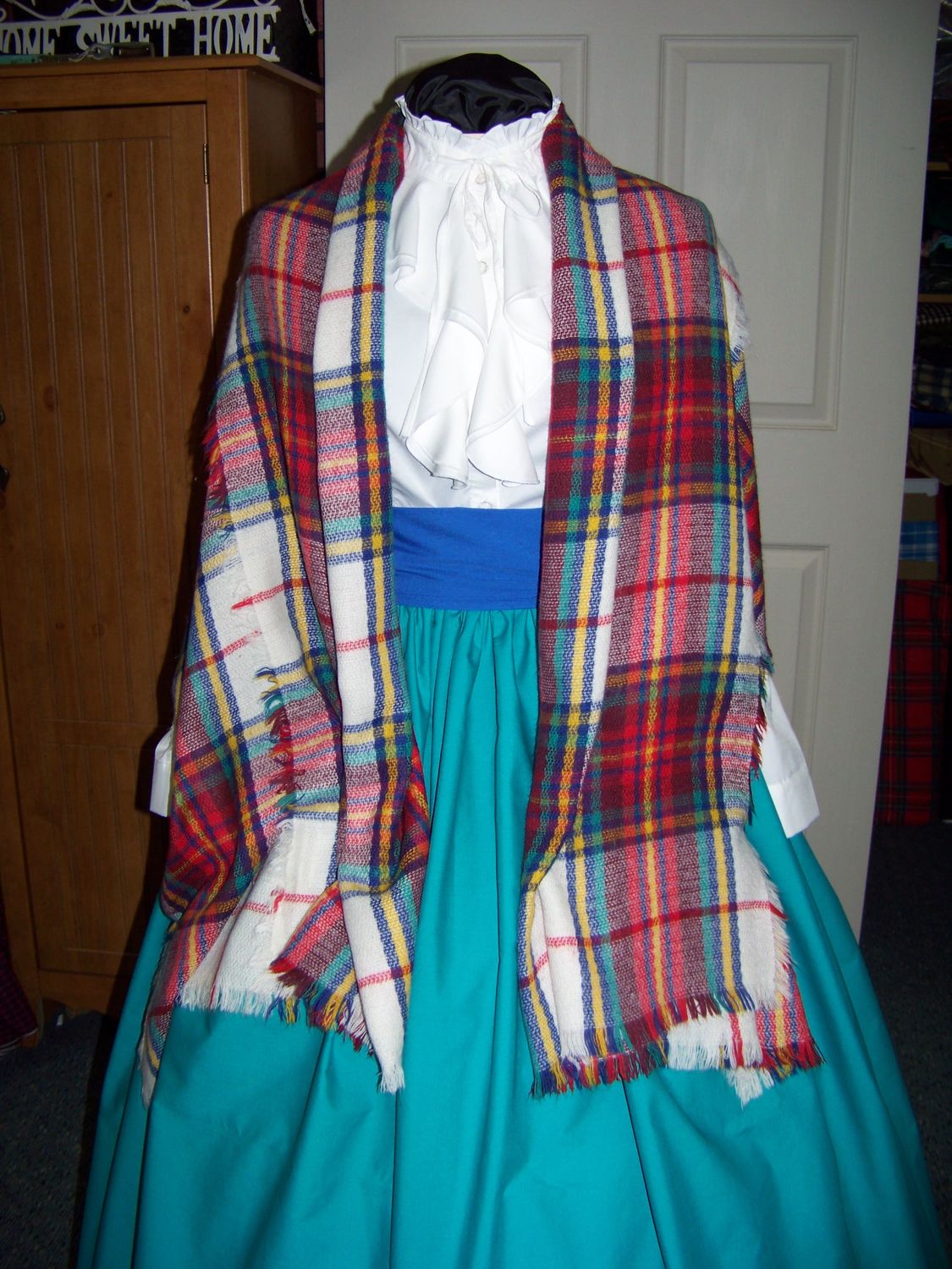 Dickens Costume Aqua Skirt with Royal Blue Sash and matching rectangle Shawl one size fits most.