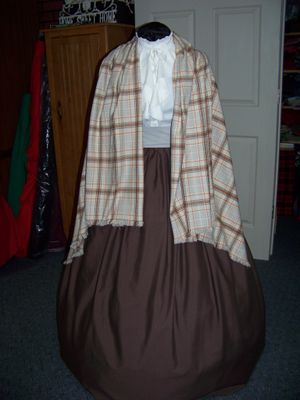 Dickens Costume Brown Skirt with Gray Sash and orange, beige, gray and brown rectangle Shawl one size fits most.