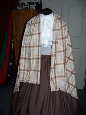 Dickens Costume Brown Skirt with Gray Sash and orange, beige, gray and brown rectangle Shawl one size fits most.