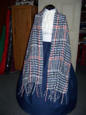 Dickens Costume Navy Blue Skirt with White Sash and Navy Blue, Coral and white rectangle Shawl one size fits most.