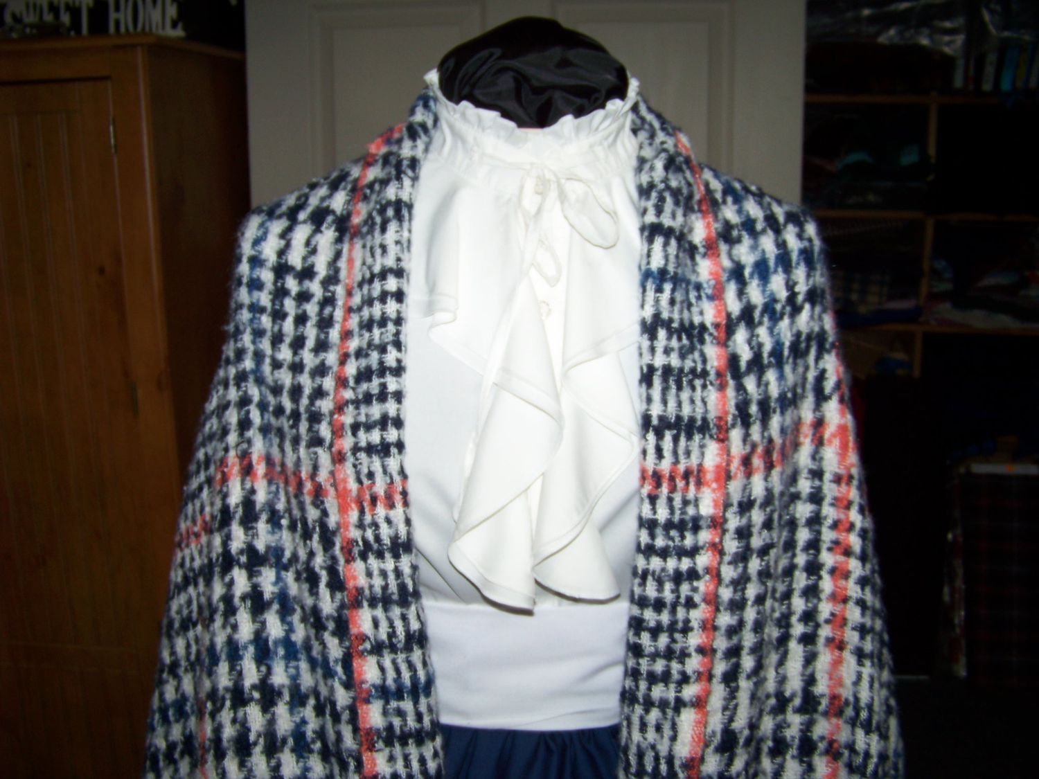 Dickens Costume Navy Blue Skirt with White Sash and Navy Blue, Coral and white rectangle Shawl one size fits most.