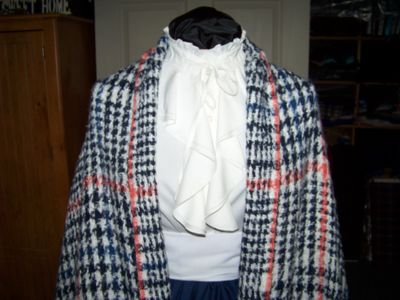 Dickens Costume Navy Blue Skirt with White Sash and Navy Blue, Coral and white rectangle Shawl one size fits most.