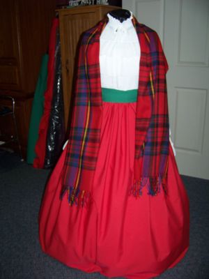 Dickens Costume Navy Blue Skirt with Red Sash  or Red skirt with green sash and Navy Blue, Red, green, black, rectangle Shawl one size fits most.
