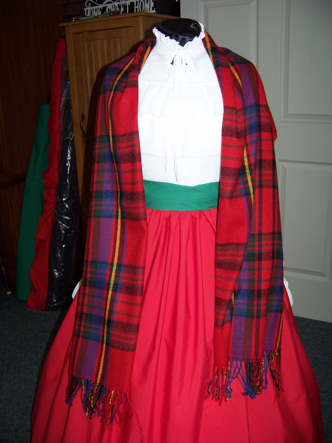 Dickens Costume Navy Blue Skirt with Red Sash  or Red skirt with green sash and Navy Blue, Red, green, black, rectangle Shawl one size fits most.