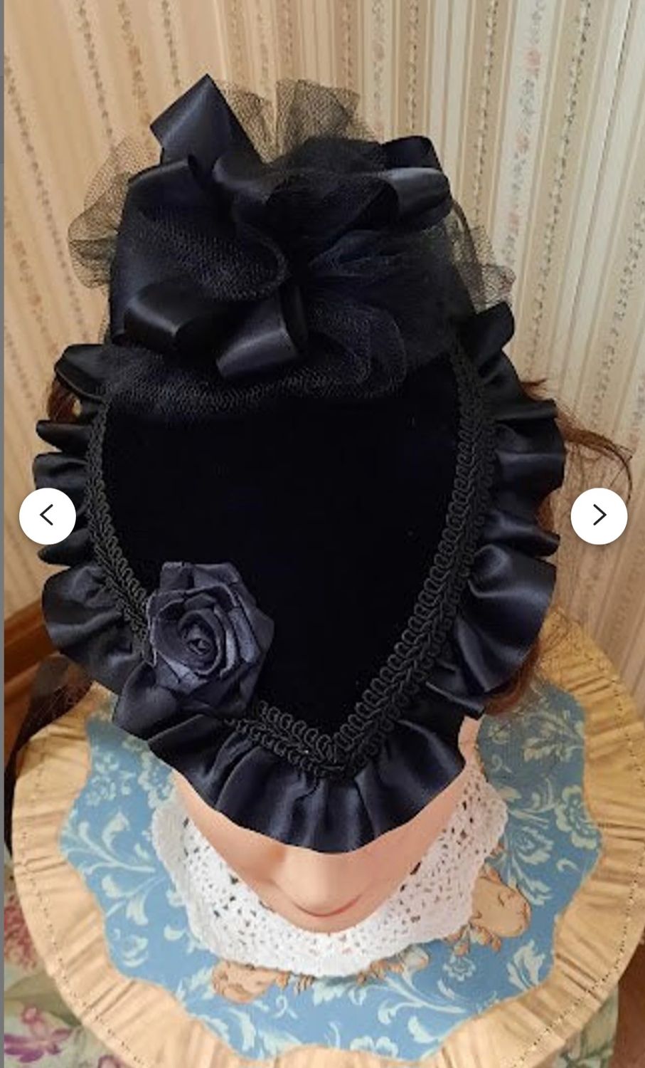 Ladies Civil War, Victorian Hat or Reticule, Black Velvet Teardrop Hat with Satin Ruffle and Large Ribbon Rose