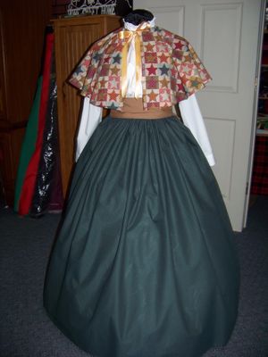 Dickens Civil War Ladies 3 piece outfit  one size fit most Burgundy, Gold, Green,calico star print cape cotton blend. Green green pindot skirt with gold sash all handmade.