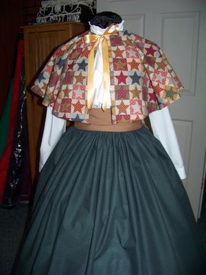 Dickens Civil War Ladies 3 piece outfit  one size fit most Burgundy, Gold, Green,calico star print cape cotton blend. Green green pindot skirt with gold sash all handmade.
