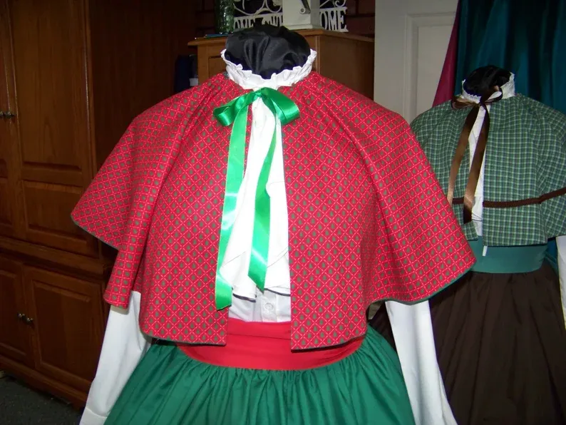 Custom order for Stacey Foley Mrs. Claus 3 piece outfit Red cape with trees and green skirt, bonnet and red sash