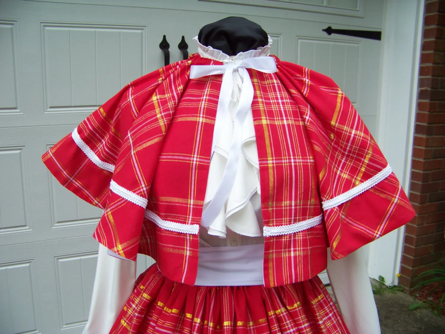 Custom order for Ty Stoffers Mrs. Claus outfit Red, Gold and white plaid cotton Cape with white braid trim one size fits most with matching Skirt and white sash