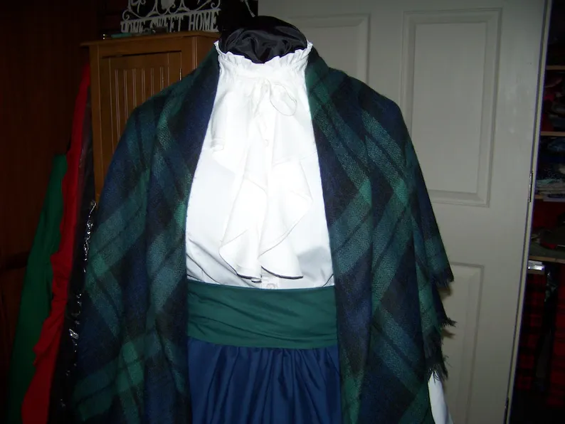 Custom order for JLK252 Dickens Costume Navy Blue Skirt with Red Sash and Navy Blue, green and black 56&quot; square Shawl one size fits most.