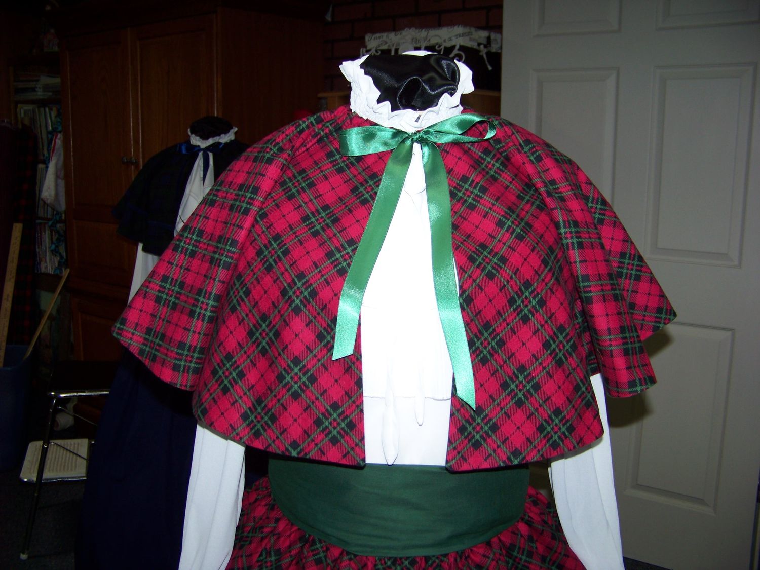 Dickens Civil War Ladies Long Skirt or green Sash or plaid Cape one size fits most Cranberry red, black and hunter green diagonal plaid cotton flannel Handmade in the USA