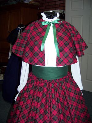 Dickens Civil War Ladies Long Skirt or green Sash or plaid Cape one size fits most Cranberry red, black and hunter green diagonal plaid cotton flannel Handmade in the USA