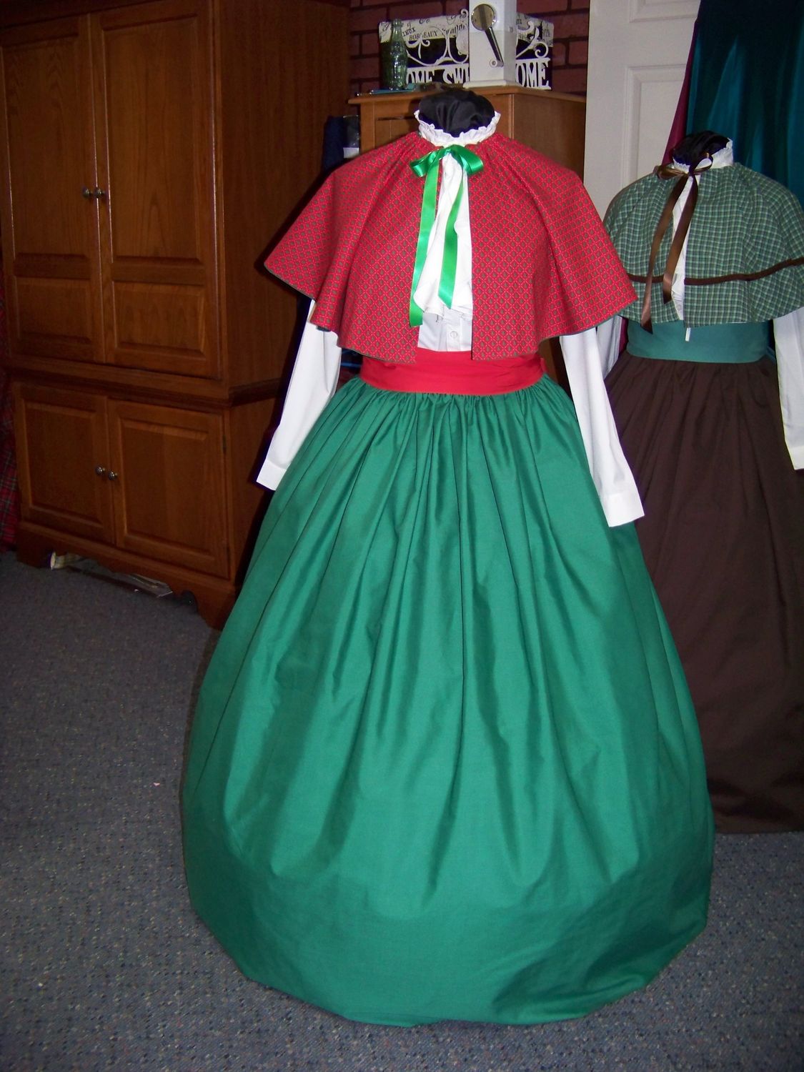 Mrs. Claus Dickens Dress, Long green drawstring SKIRT with red Cape and green trees and red Sash Solid cotton