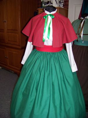 Mrs. Claus Dickens Dress, Long green drawstring SKIRT with red Cape and green trees and red Sash Solid cotton