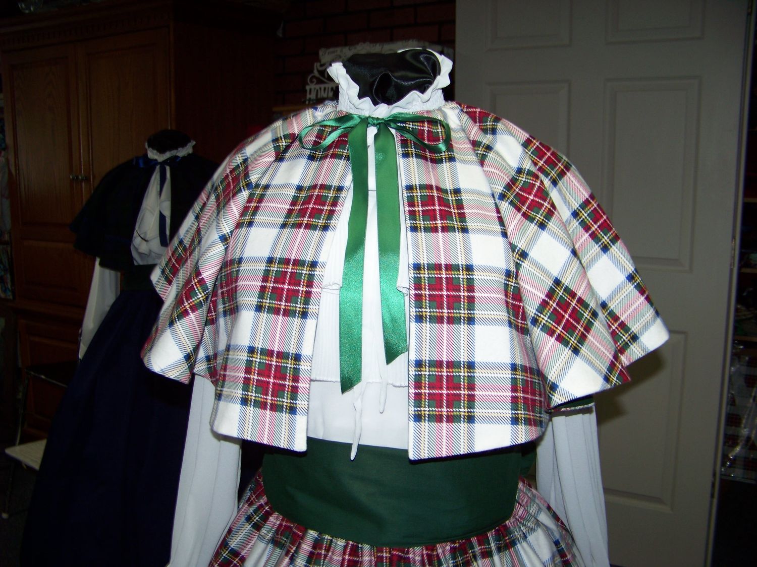 Ladies Dickens Outfit, Mrs. Claus costume Long drawstring plaid SKIRT and cape or sash one size fits most Medium weight flannel cotton plaid Handmade in the USA