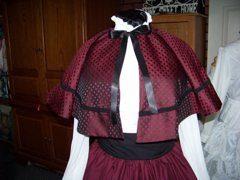 Ladies Dickens Outfit, Civil War costume Cranberry Long cotton blend drawstring SKIRT and Cranberry and black plaid cape with black sash one size fits most Handmade in the USA