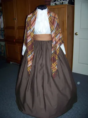 Dickens Victorian Costume Brown Skirt with tan Sash and Rusty brown, harvest gold, beige, brown and orange. rectangle Shawl one size fits most.