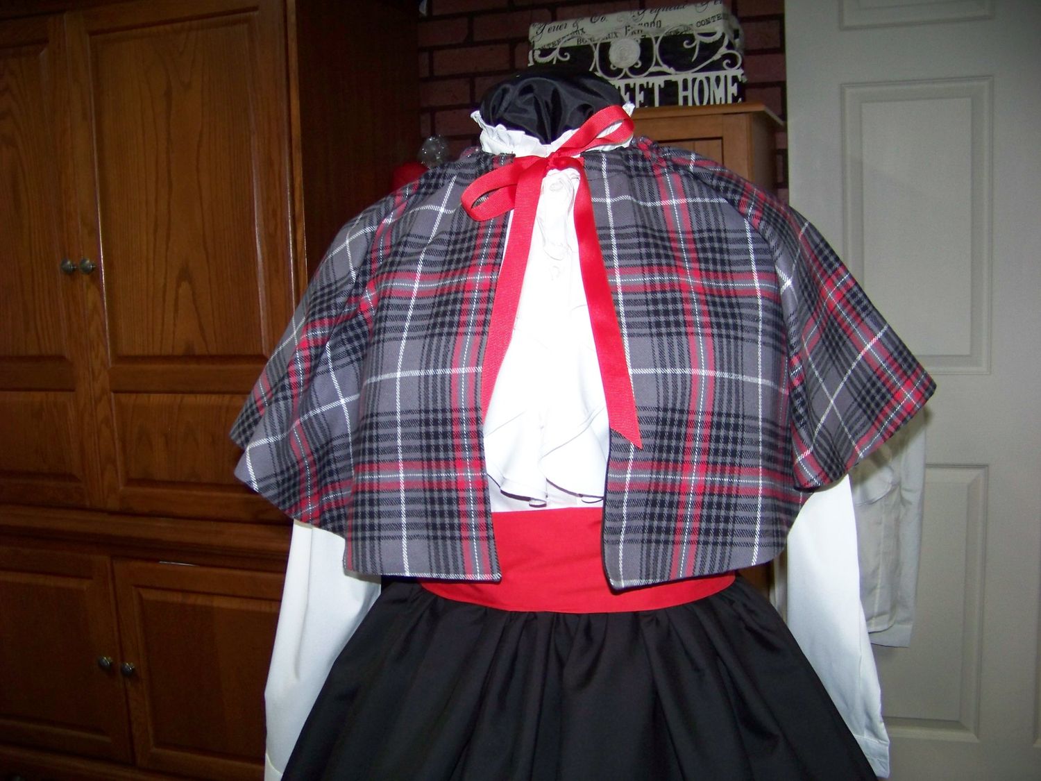 Custom order for Janie in Ohio Dickens Civil War costume Long drawstring Black solid SKIRT with Cape in black, gray, white and Red Plaid. With red sash in solid.