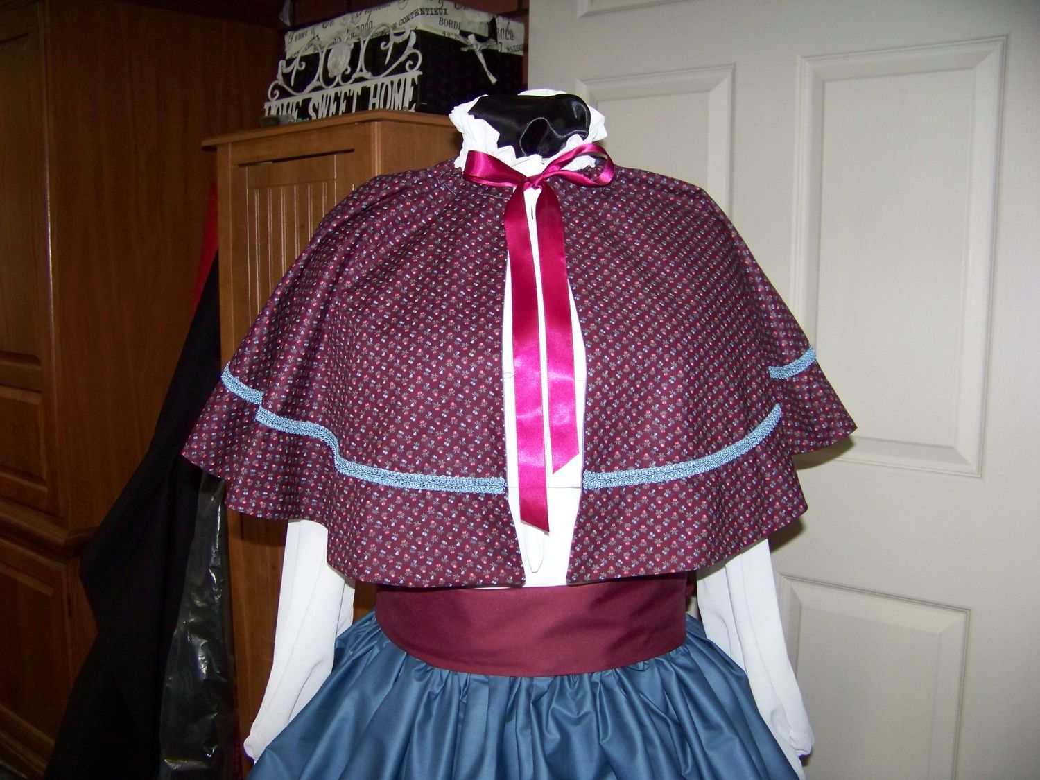 Dickens Civil War Ladies Slate blue solid Long Skirt and burgundy Sash with Burgundy calico Cape one size fits most. Handmade USA