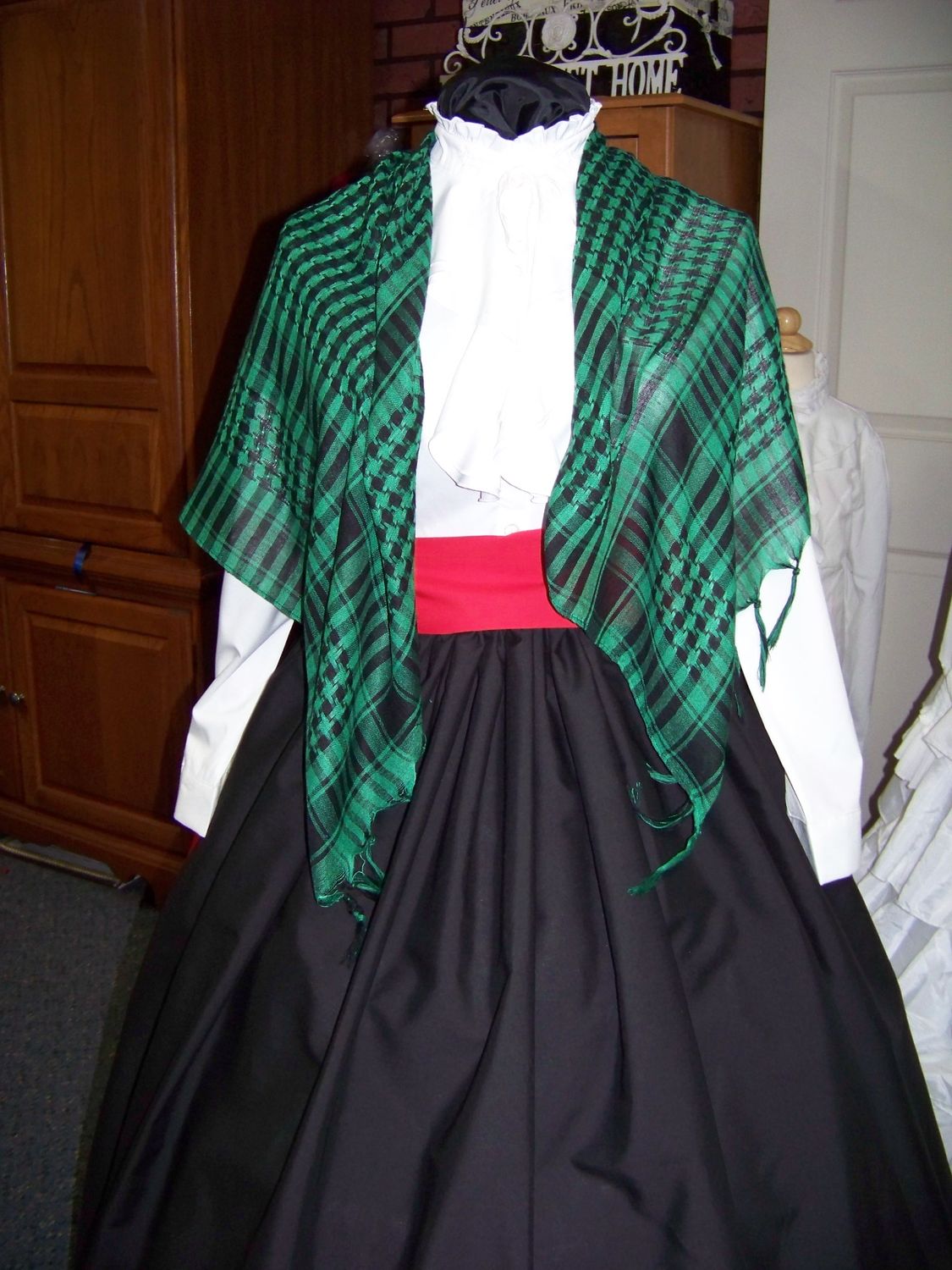 Dickens Costume Black Skirt with Red Sash or green sash and black and green rectangle Shawl one size fits most.