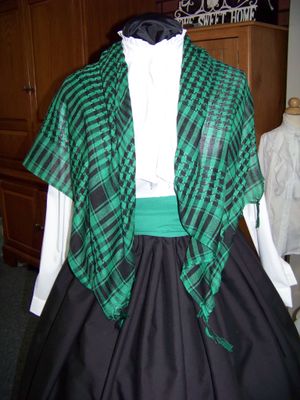 Dickens Costume Black Skirt with Red Sash or green sash and black and green rectangle Shawl one size fits most.
