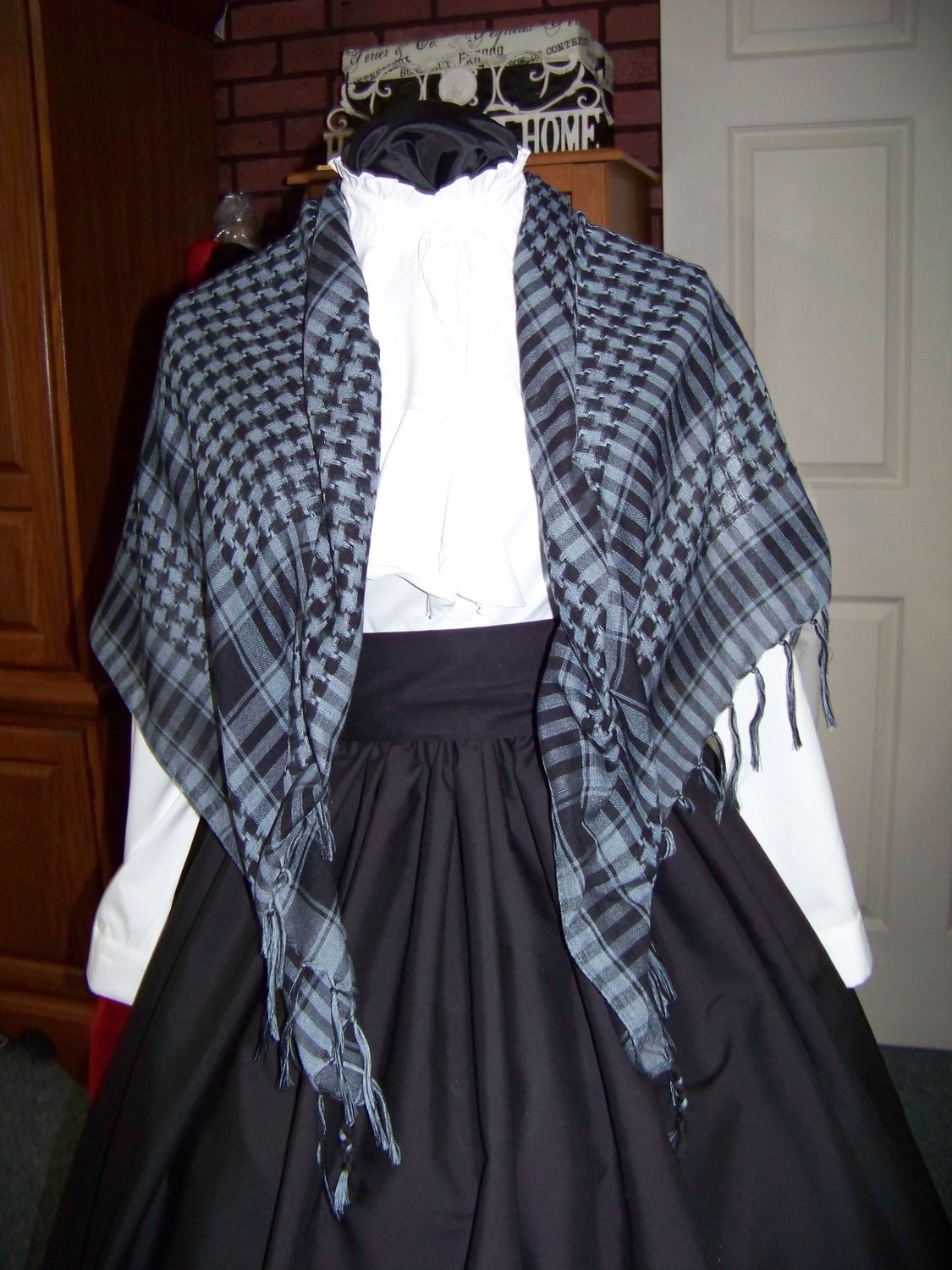 Dickens Costume Black Skirt with black Sash and black and dark gray rectangle Shawl one size fits most.