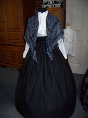Dickens Costume Black Skirt with black Sash and black and dark gray rectangle Shawl one size fits most.