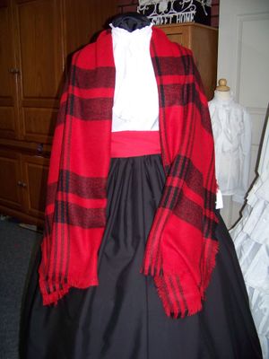 Dickens Costume Black Skirt with Red Sash and black and red rectangle Shawl one size fits most.