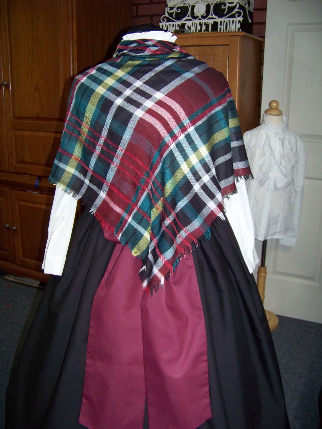 Dickens Costume Black Skirt with Cranberry Sash and black, green, yellow, white and cranberry square 42&quot;  Shawl one size fits most. Handmade in USA