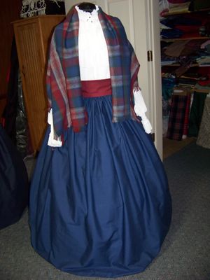 Dickens Costume Navy Blue Skirt with Cranberry Sash and Navy Blue, cranberry, green and gray rectangle Shawl one size fits most.