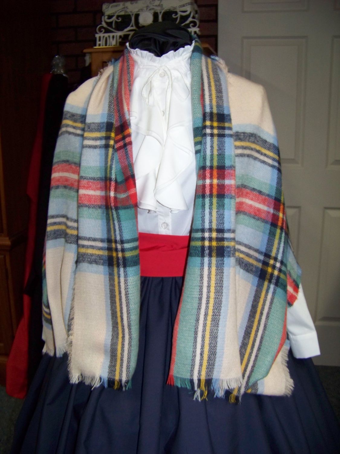 Dickens Costume Navy Blue Skirt with Red Sash and Navy Blue, Red, green, light blue and Ivory rectangle Shawl one size fits most.