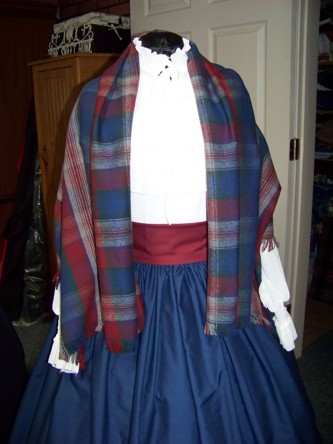 Dickens Costume Navy Blue Skirt with Cranberry Sash and Navy Blue, cranberry, green and gray rectangle Shawl one size fits most.