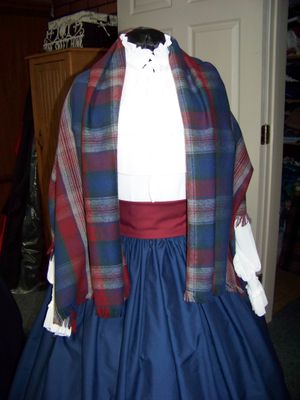 Dickens Costume Navy Blue Skirt with Cranberry Sash and Navy Blue, cranberry, green and gray rectangle Shawl one size fits most.