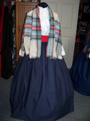 Dickens Costume Navy Blue Skirt with Red Sash and Navy Blue, Red, green, light blue and Ivory rectangle Shawl one size fits most.