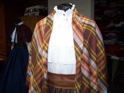 Dickens Victorian Costume Brown Skirt with tan Sash and Rusty brown, harvest gold, beige, brown and orange. rectangle Shawl one size fits most.