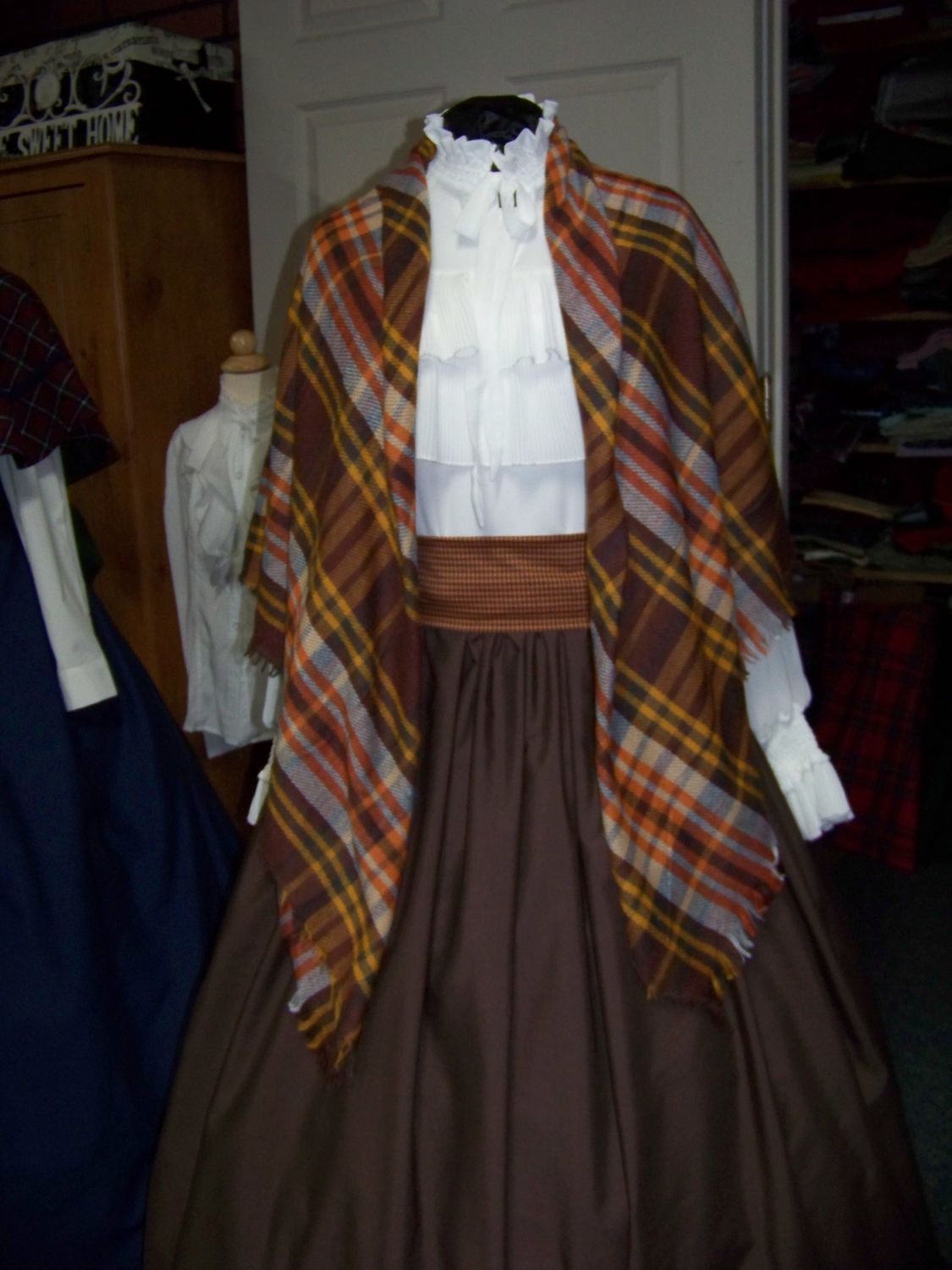Dickens Victorian Costume Brown Skirt with tan Sash and Rusty brown, harvest gold, beige, brown and orange. rectangle Shawl one size fits most.